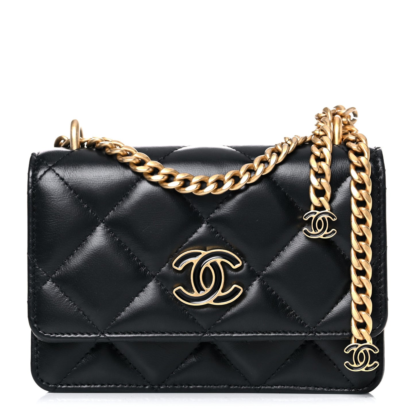 Lambskin Enamel Quilted Pending CC Clutch With Chain Black