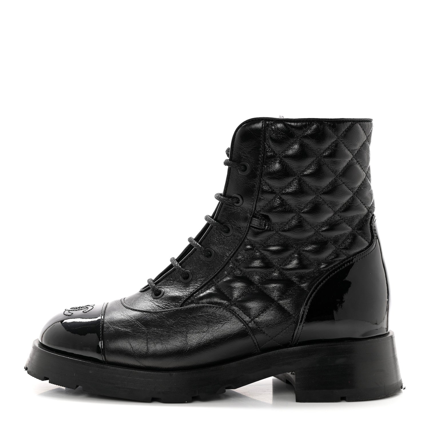Chanel Shiny Calfskin Patent Quilted Chain Lace Up Combat Boots 39 Black 1 of 15