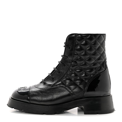 Chanel Shiny Calfskin Patent Quilted Chain Lace Up Combat Boots 39 Black 1 of 15