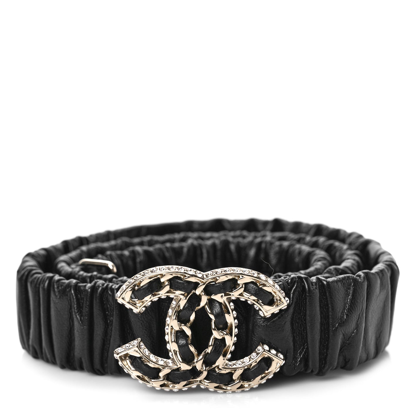 Lambskin Metal Strass Ruched Chain CC Belt 85 34 Black