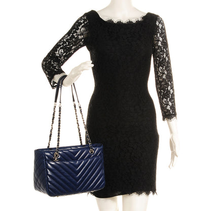 Chanel Lambskin Surpique Chevron Small Tote Dark Blue 2 of 8
