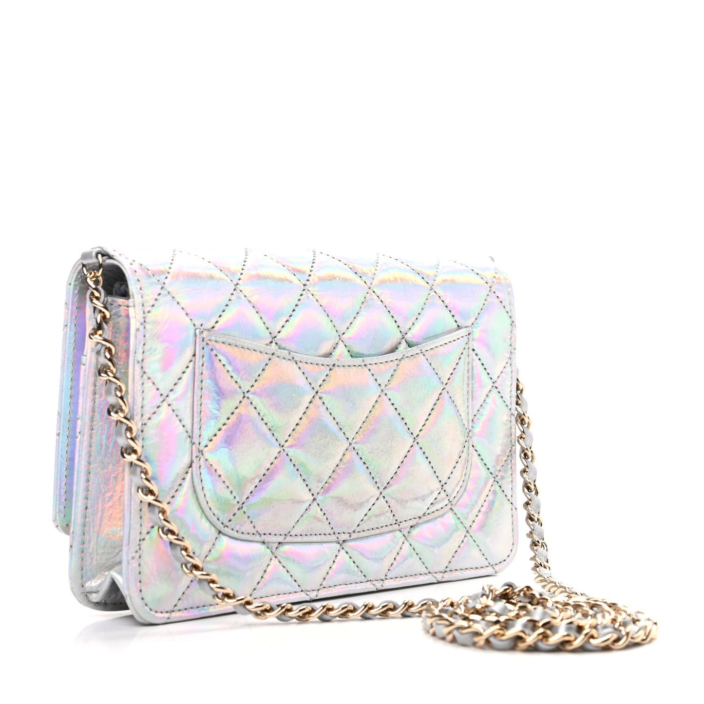 Iridescent Goatskin Quilted Wallet On Chain WOC Silver
