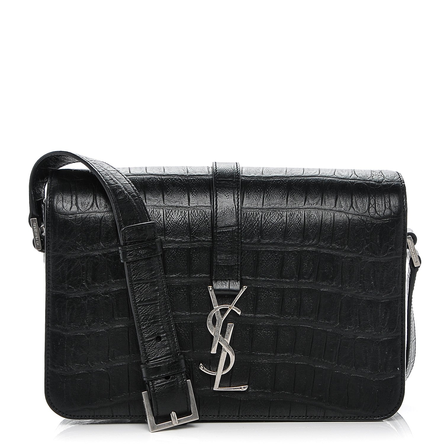 Saint Laurent Calfskin Crocodile Embossed Medium Monogram Universite Bag Black 1 of 7