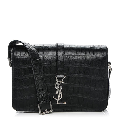 Saint Laurent Calfskin Crocodile Embossed Medium Monogram Universite Bag Black 1 of 7