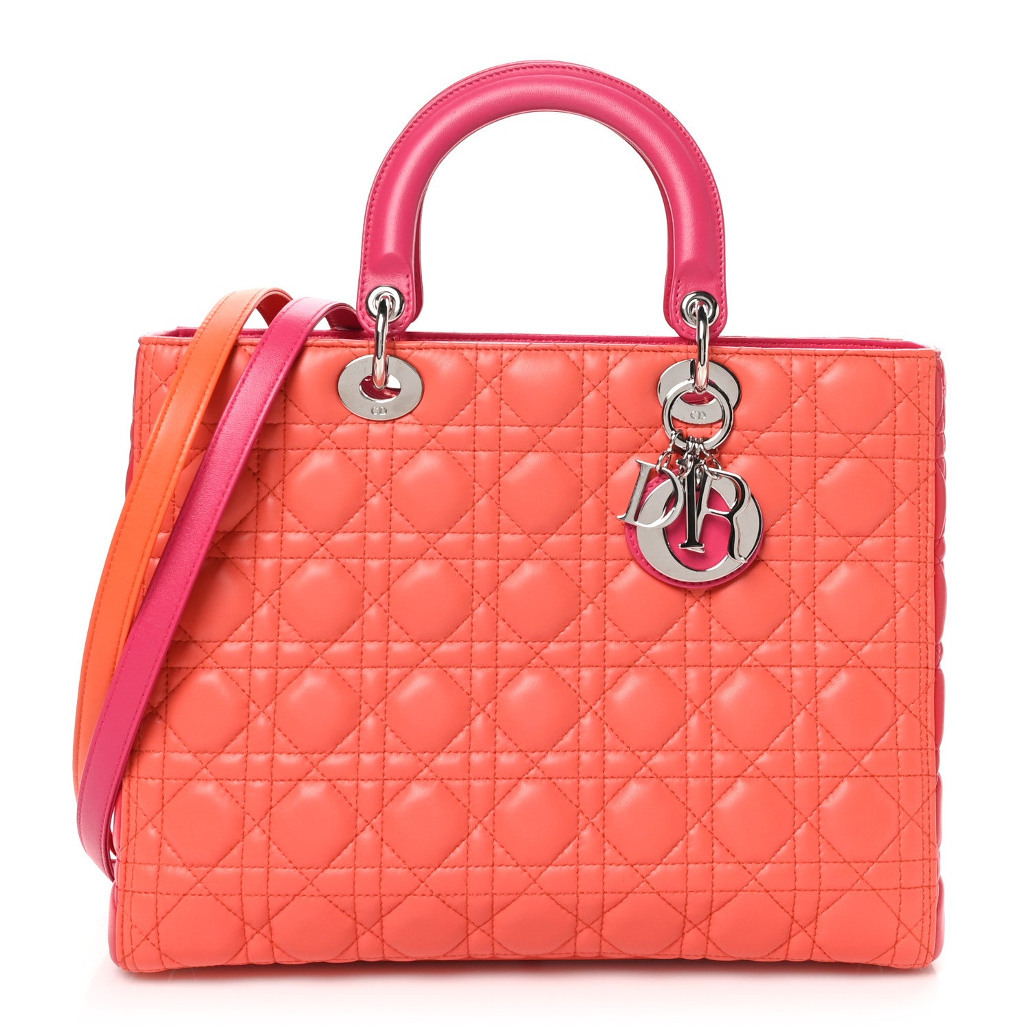 Christian Dior Lambskin Cannage Large Bi-Color Lady Dior Orange Fuchsia 1 of 10