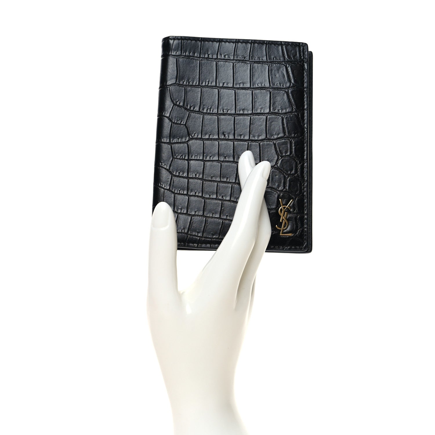 Saint Laurent Crocodile Embossed Tiny Cassandre Passport Holder Black 2 of 8