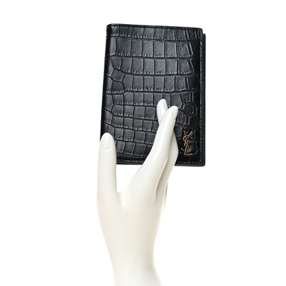 Saint Laurent Crocodile Embossed Tiny Cassandre Passport Holder Black 2 of 8