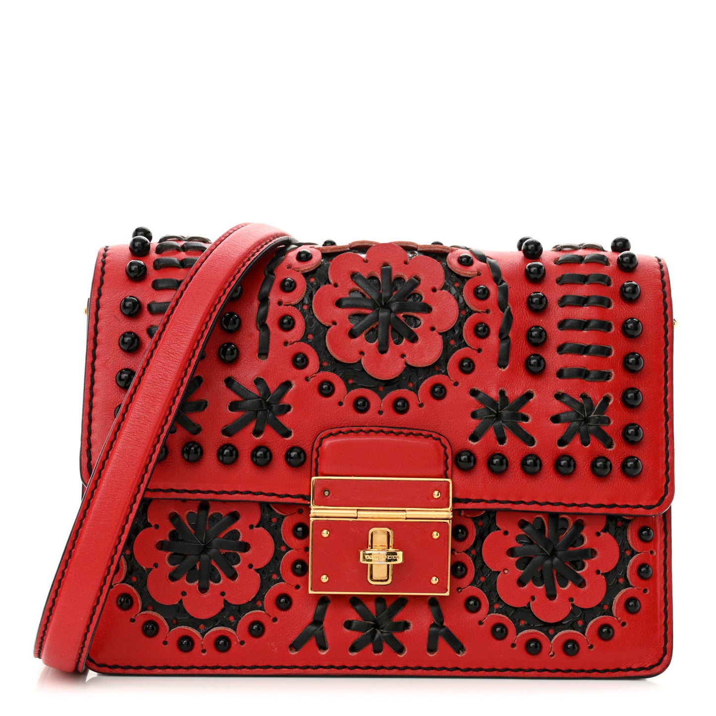 Calfskin Woven Beaded Top Handle Box Bag Red Black