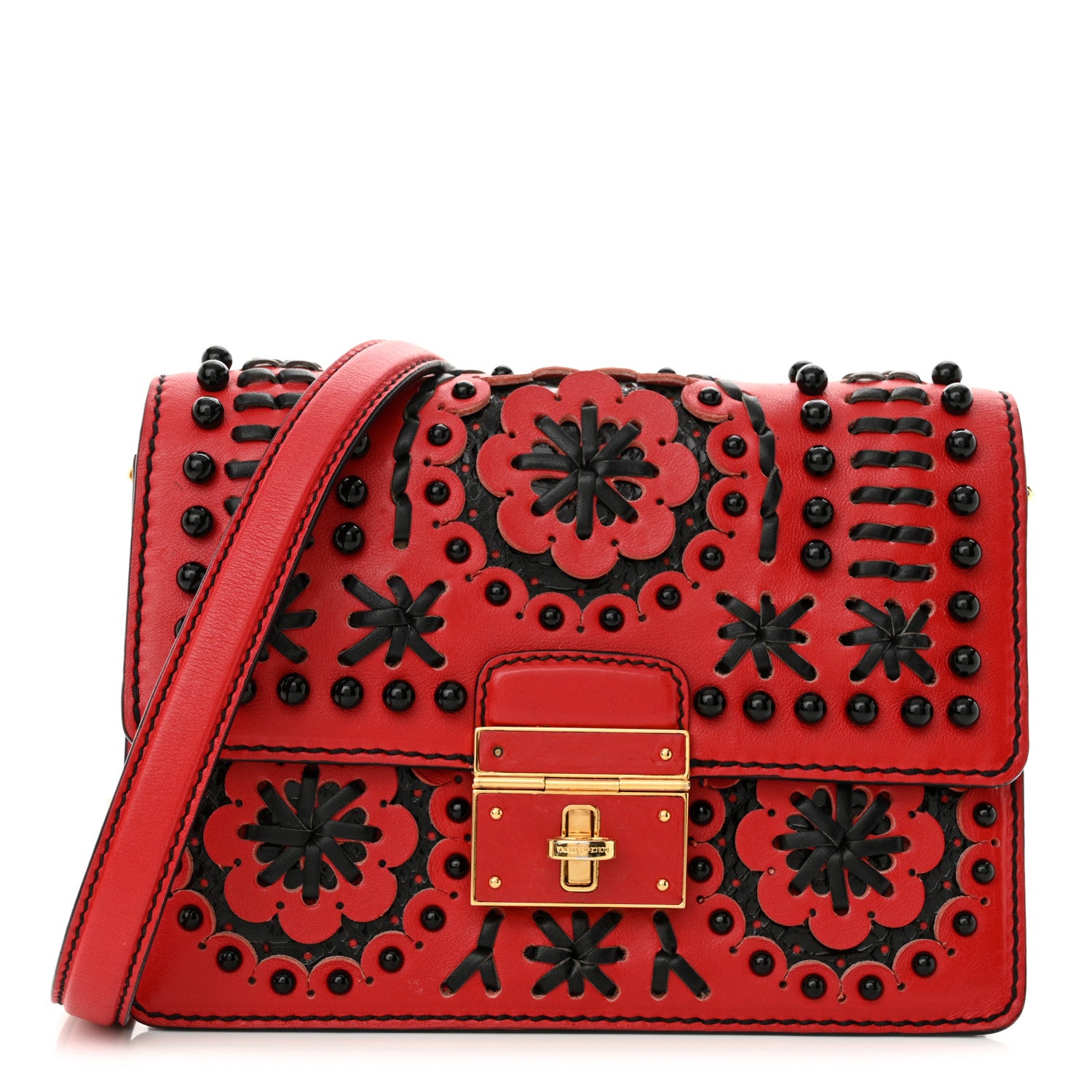 Dolce & Gabbana Calfskin Woven Beaded Top Handle Box Bag Red Black 1 of 14