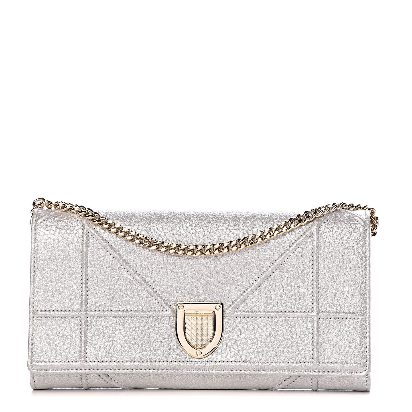 Metallic Grained Calfskin Diorama Croisiere Chain Wallet Silver