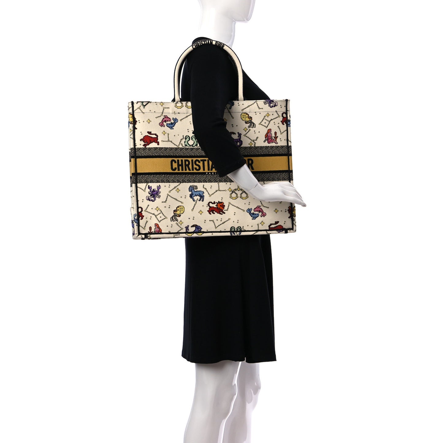 Canvas Embroidered Large Pixel Zodiac Book Tote Latte Multicolor