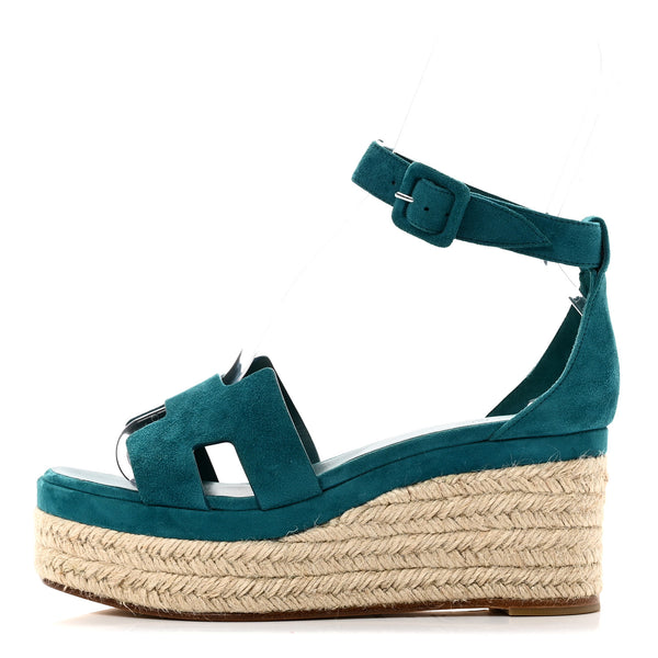 Hermes Suede Goatskin Elda Espadrille Wedge Sandals 38 Vert Oxford