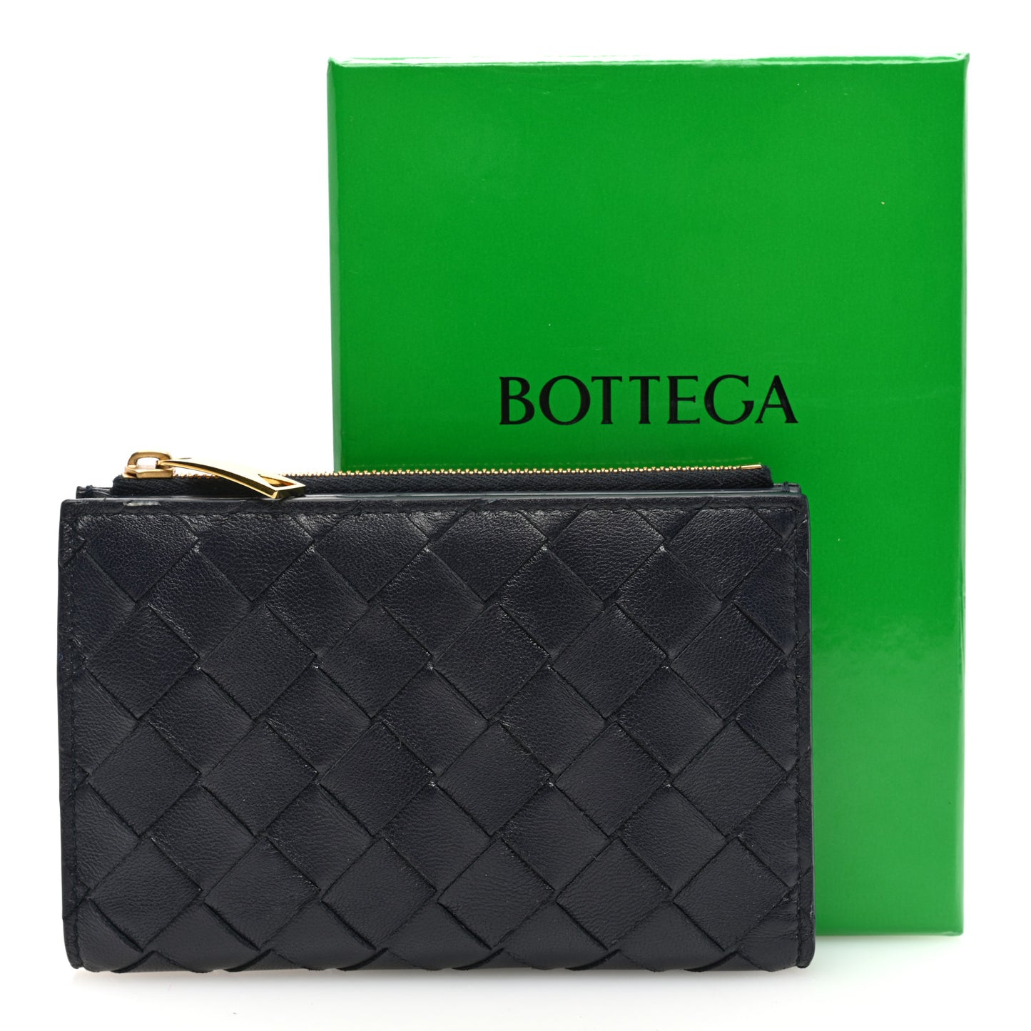 Nappa Intrecciato Medium Bifold Zip Wallet Navy