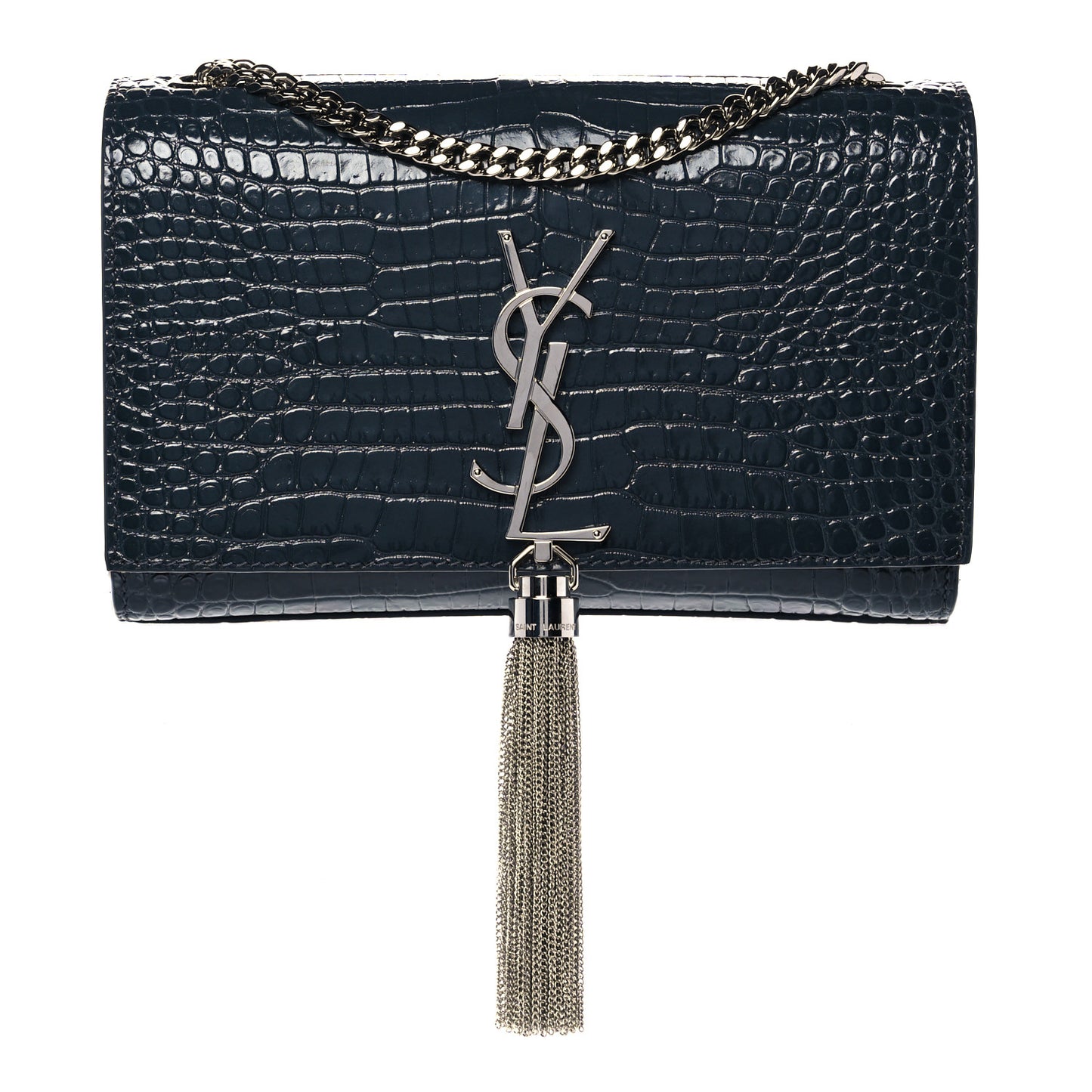 Calfskin Crocodile Embossed Small Classic Monogram Kate Tassel Satchel Navy
