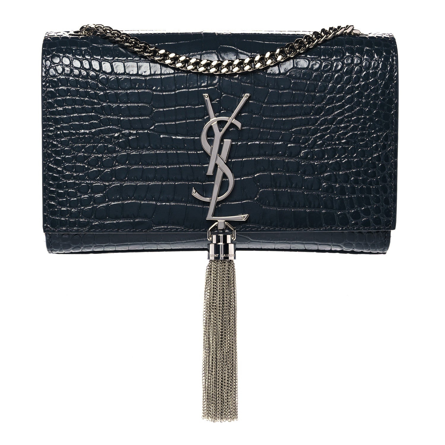 Saint Laurent Calfskin Crocodile Embossed Small Classic Monogram Kate Tassel Satchel Navy 1 of 10