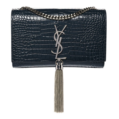 Saint Laurent Calfskin Crocodile Embossed Small Classic Monogram Kate Tassel Satchel Navy 1 of 10