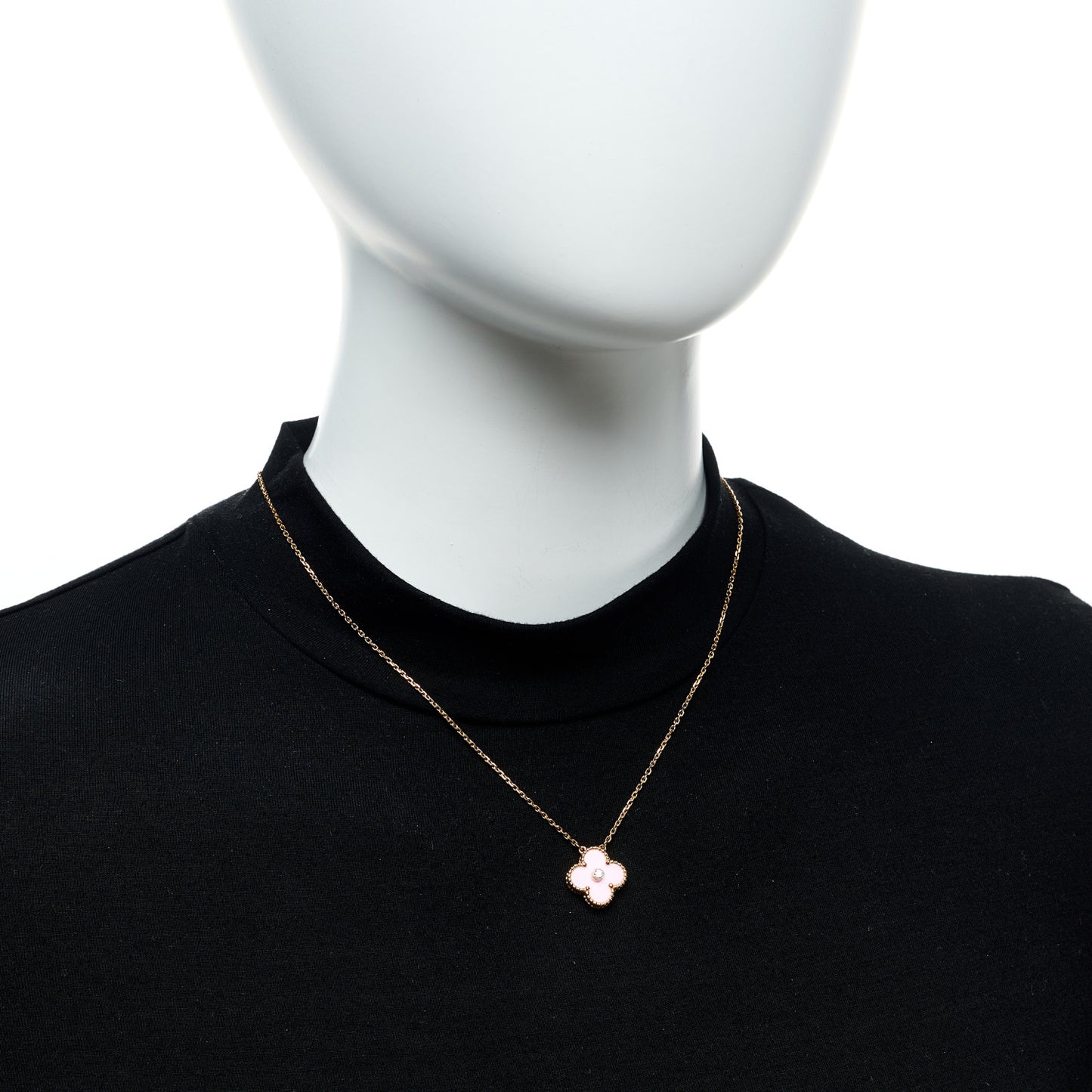 18K Rose Gold Diamond Pink Porcelain Vintage Alhambra Pendant Necklace