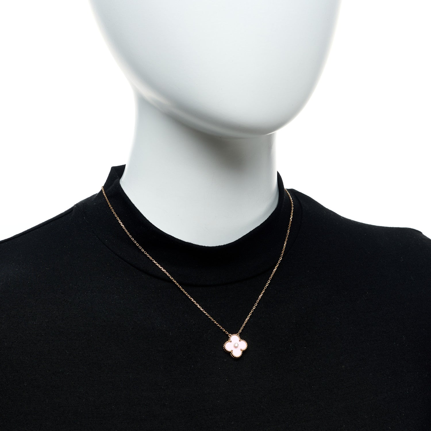 Van Cleef & Arpels 18K Rose Gold Diamond Pink Porcelain Vintage Alhambra Pendant Necklace 2 of 6