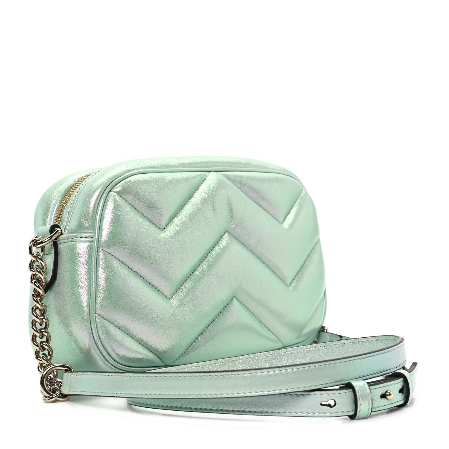 Gucci Iridescent Nappa Chevron Matelasse Small GG Marmont Chain Shoulder Bag Iridescent Salvy Green 3 of 12