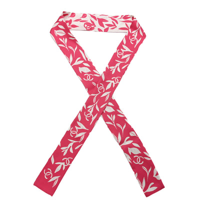 Chanel Silk Twill Slim Leaf CC Bandeau Scarf Pink White 1 of 3