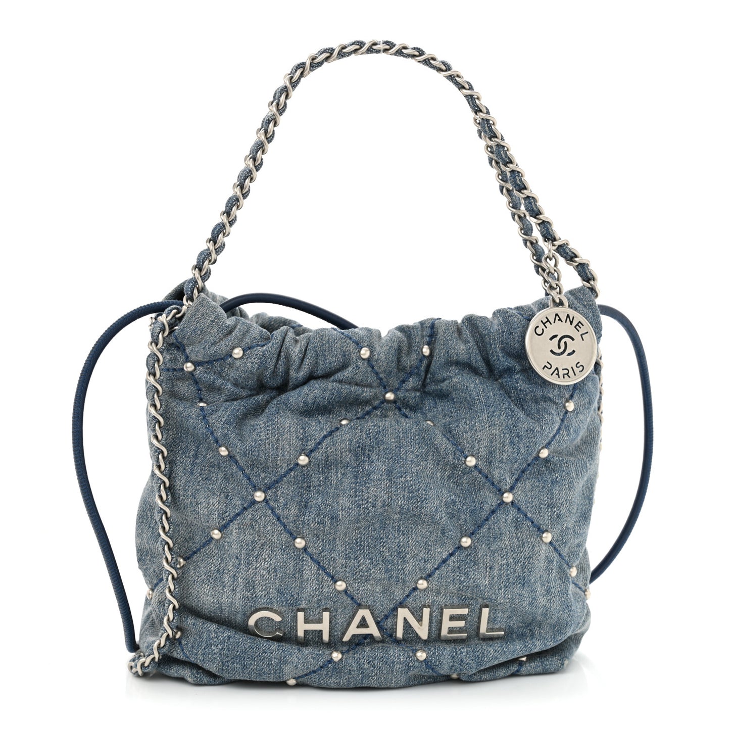 Washed Denim Quilted Studded Mini Chanel 22 Blue