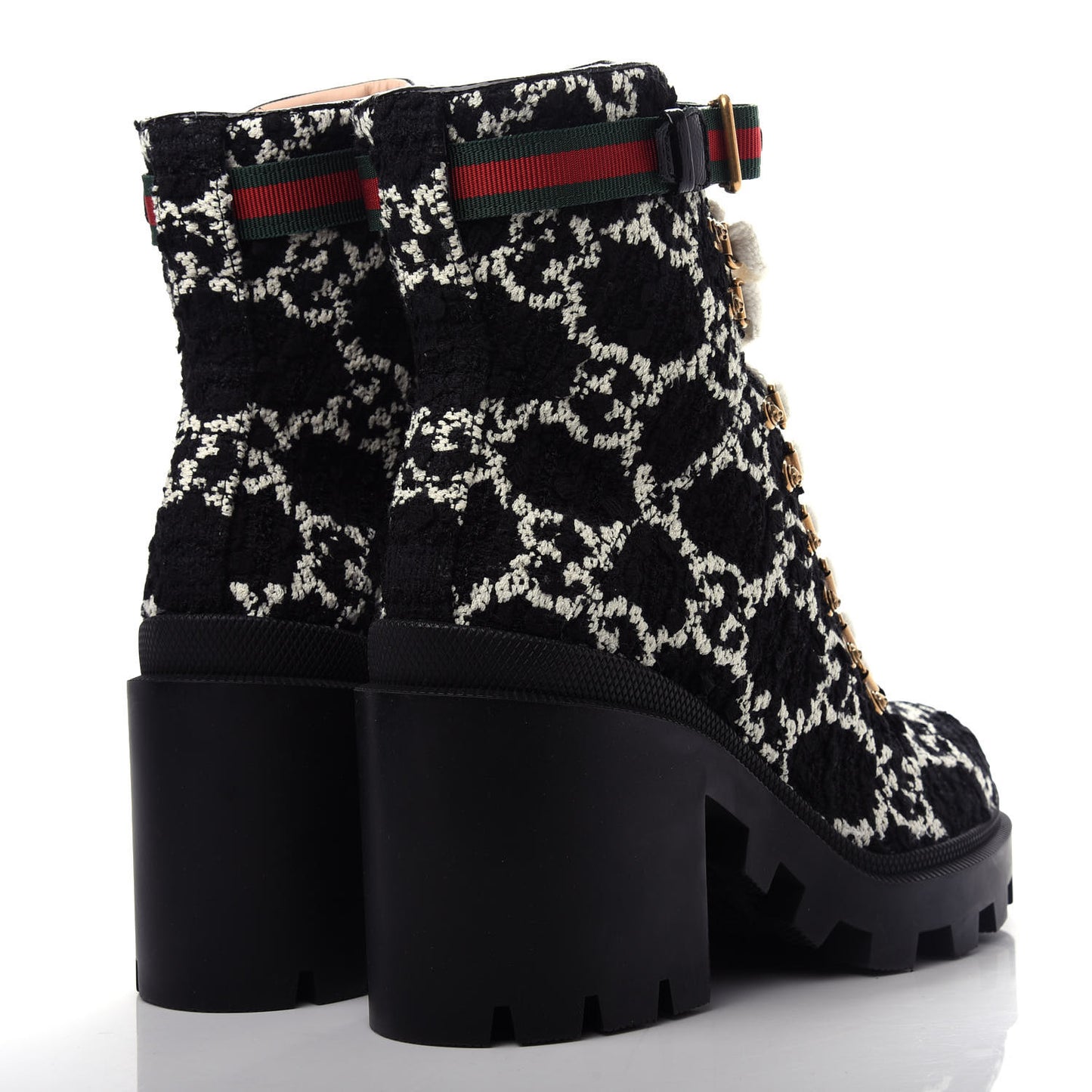 Tweed GG Monogram Lace Up Combat Ankle Boots 39 Black