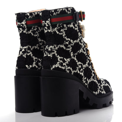 Gucci Tweed GG Monogram Lace Up Combat Ankle Boots 39 Black 4 of 11