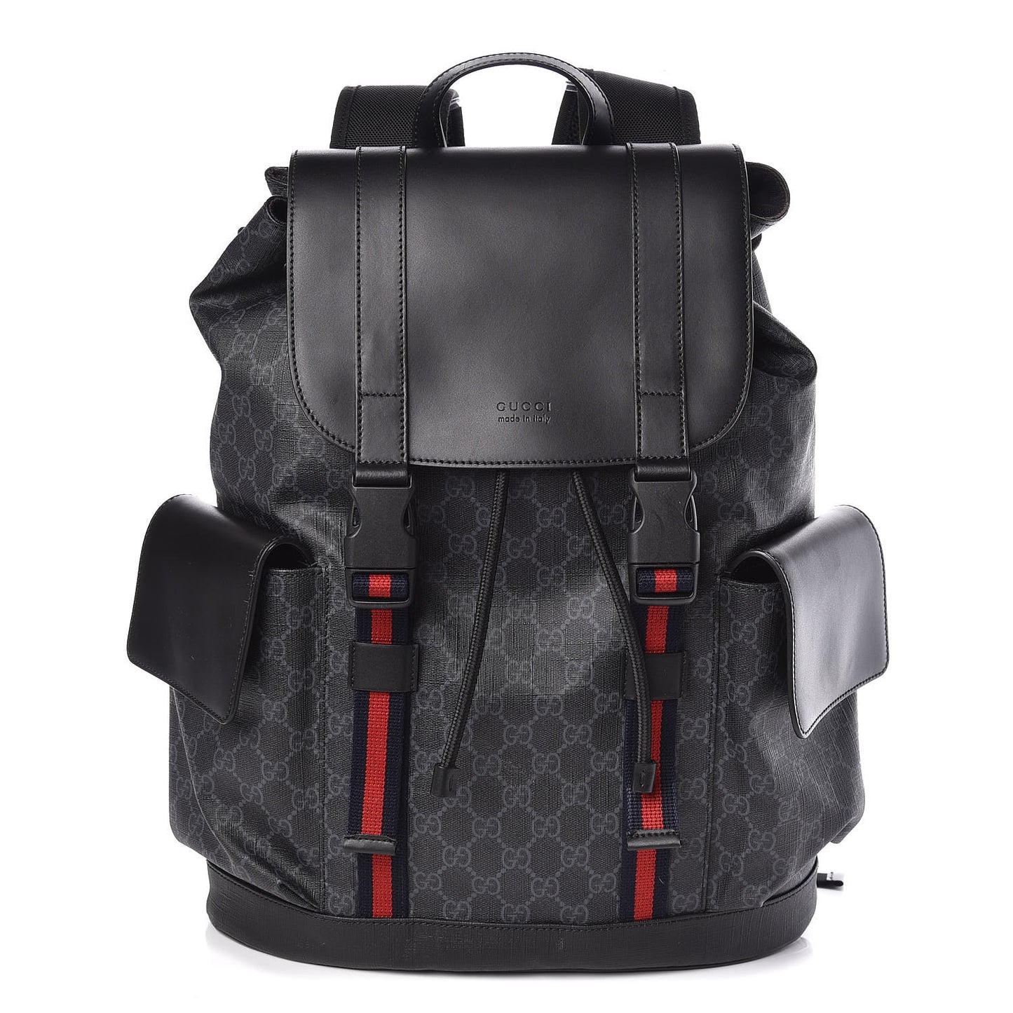Soft GG Supreme Monogram Appia Calfskin Web Double Buckle Backpack Black