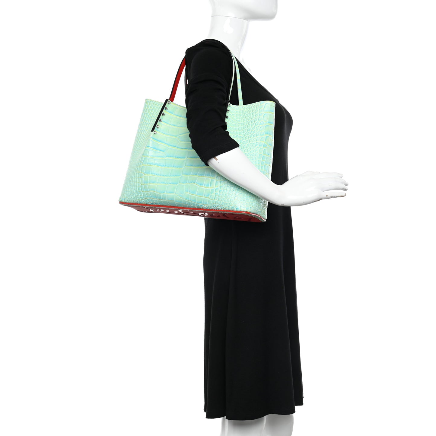 Crocodile Embossed Calfskin Spiked Small Cabarock Shopper Tote Studio Green