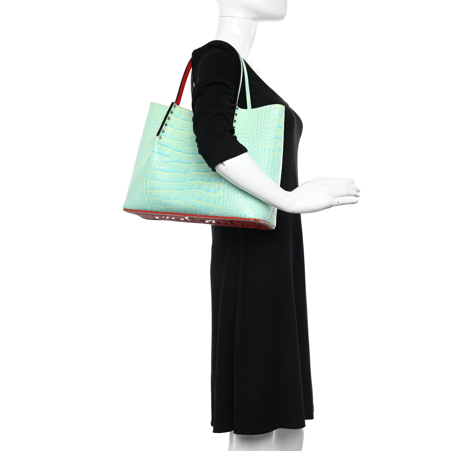 Christian Louboutin Crocodile Embossed Calfskin Spiked Small Cabarock Shopper Tote Studio Green 3 of 9