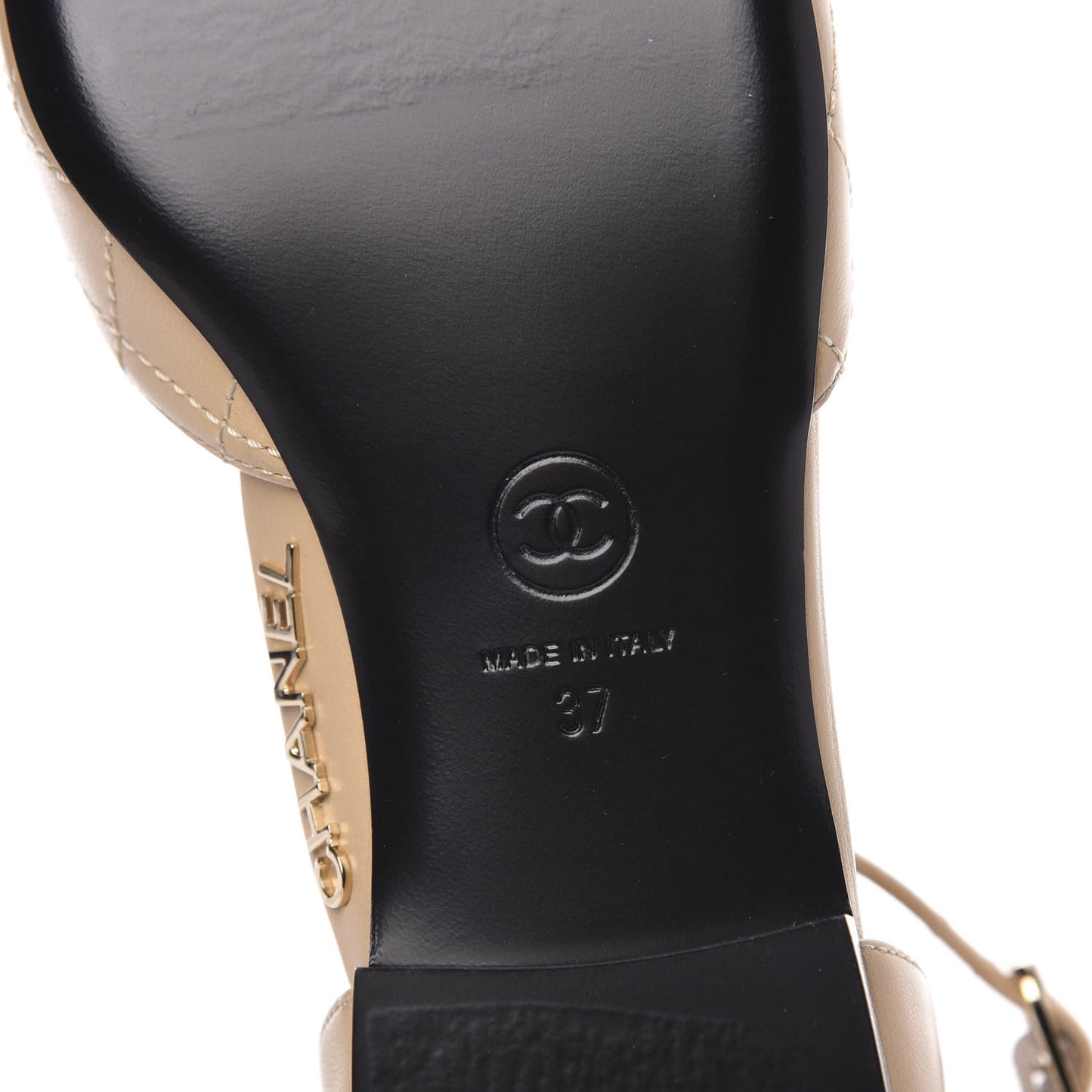Lambskin Grosgrain Cap Toe CC Ankle Strap Sandals 37 Beige Black