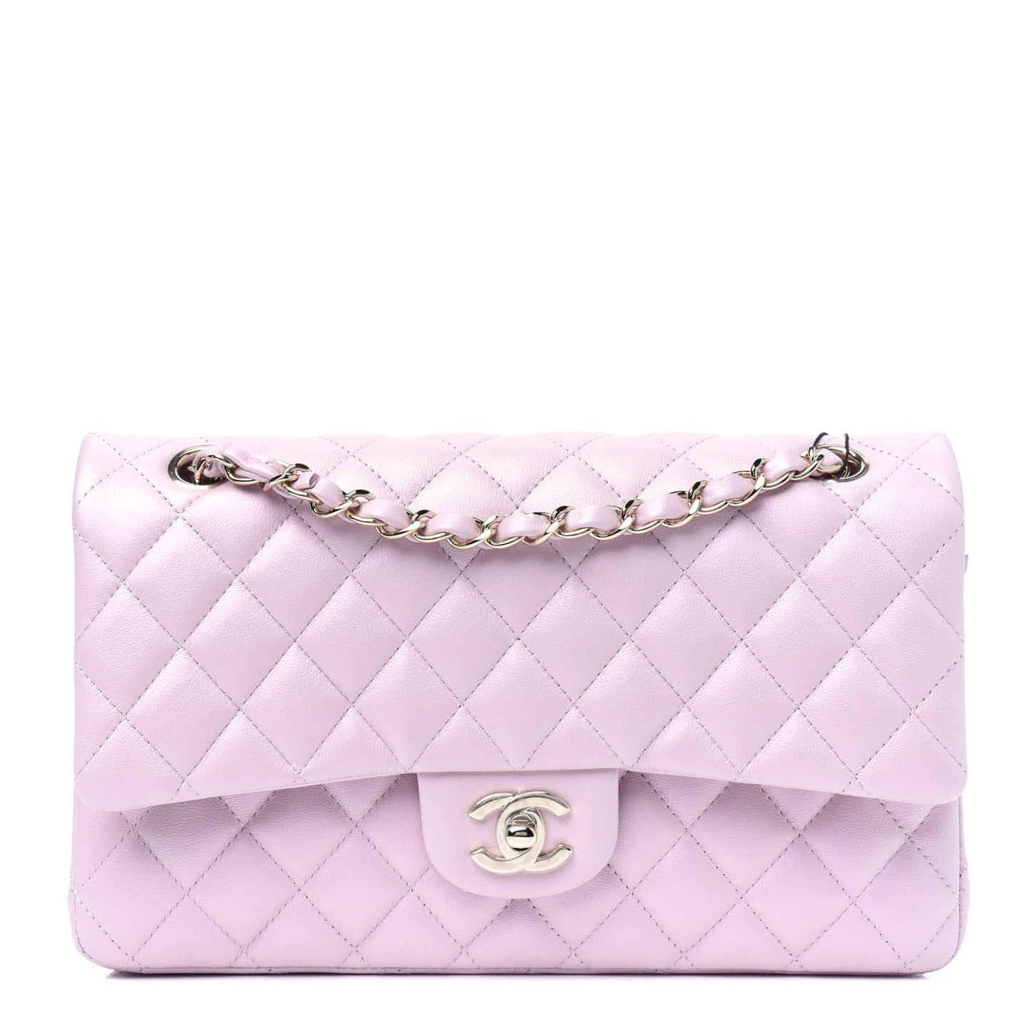 Iridescent Calfskin Quilted Medium Double Flap Light Pink