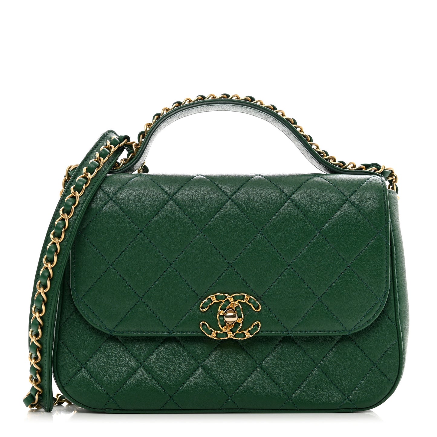 Lambskin Quilted Chain Infinity Top Handle Flap Green