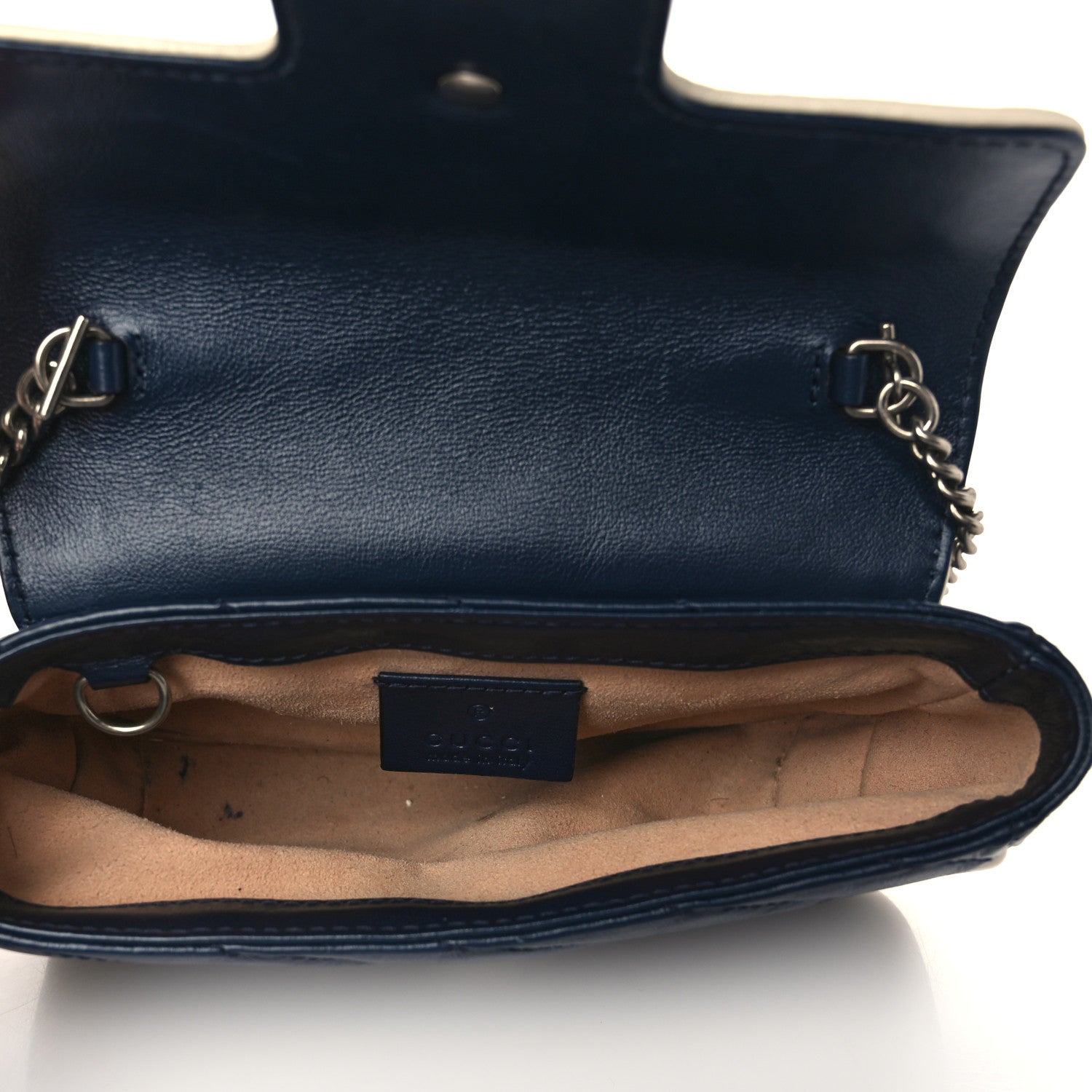 Gucci Vintage Effect Calfskin Matelasse Diagonal Super Mini Torchon GG Marmont Shoulder Bag Blue Agata Mystic White 5 of 13