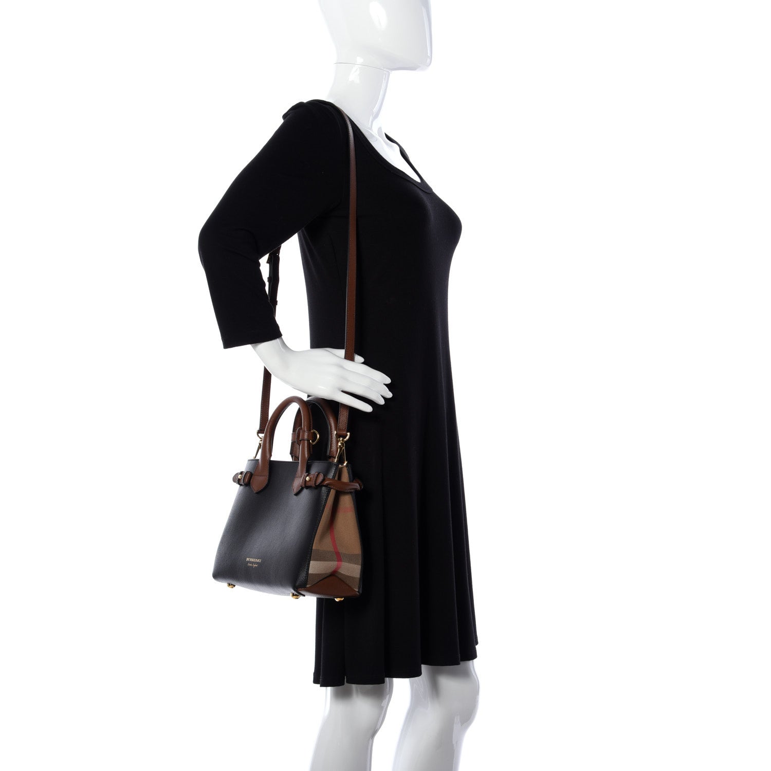 Burberry Derby Calfskin House Check Small Bi-Color Banner Tote Black Tan 2 of 12