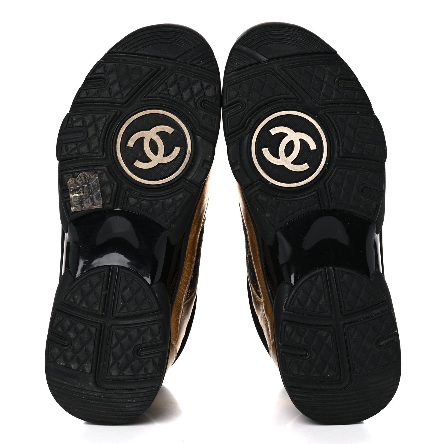 Chanel Satin Lambskin Fabric Tweed CC High Top Sneakers 37.5 Black Gold 5 of 10