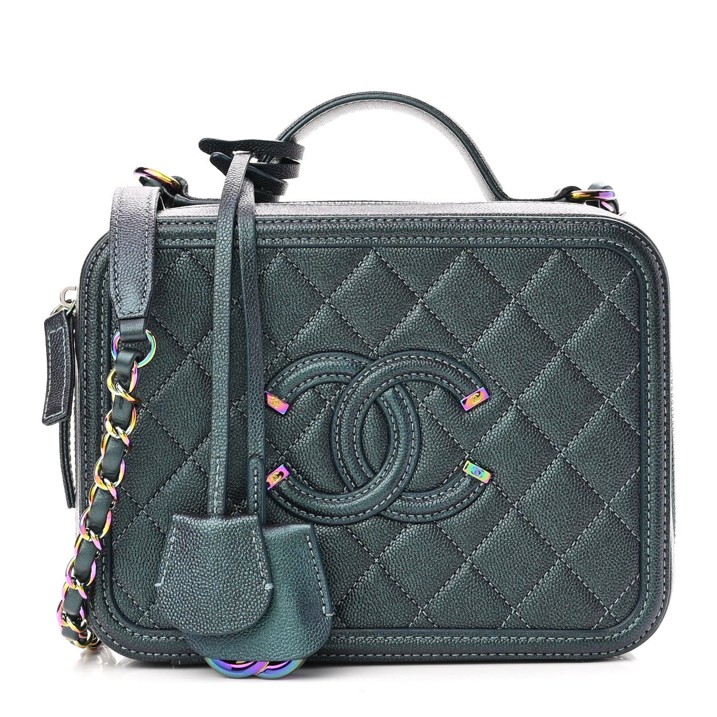 Iridescent Caviar Quilted Medium CC Filigree Vanity Case Dark Turquoise