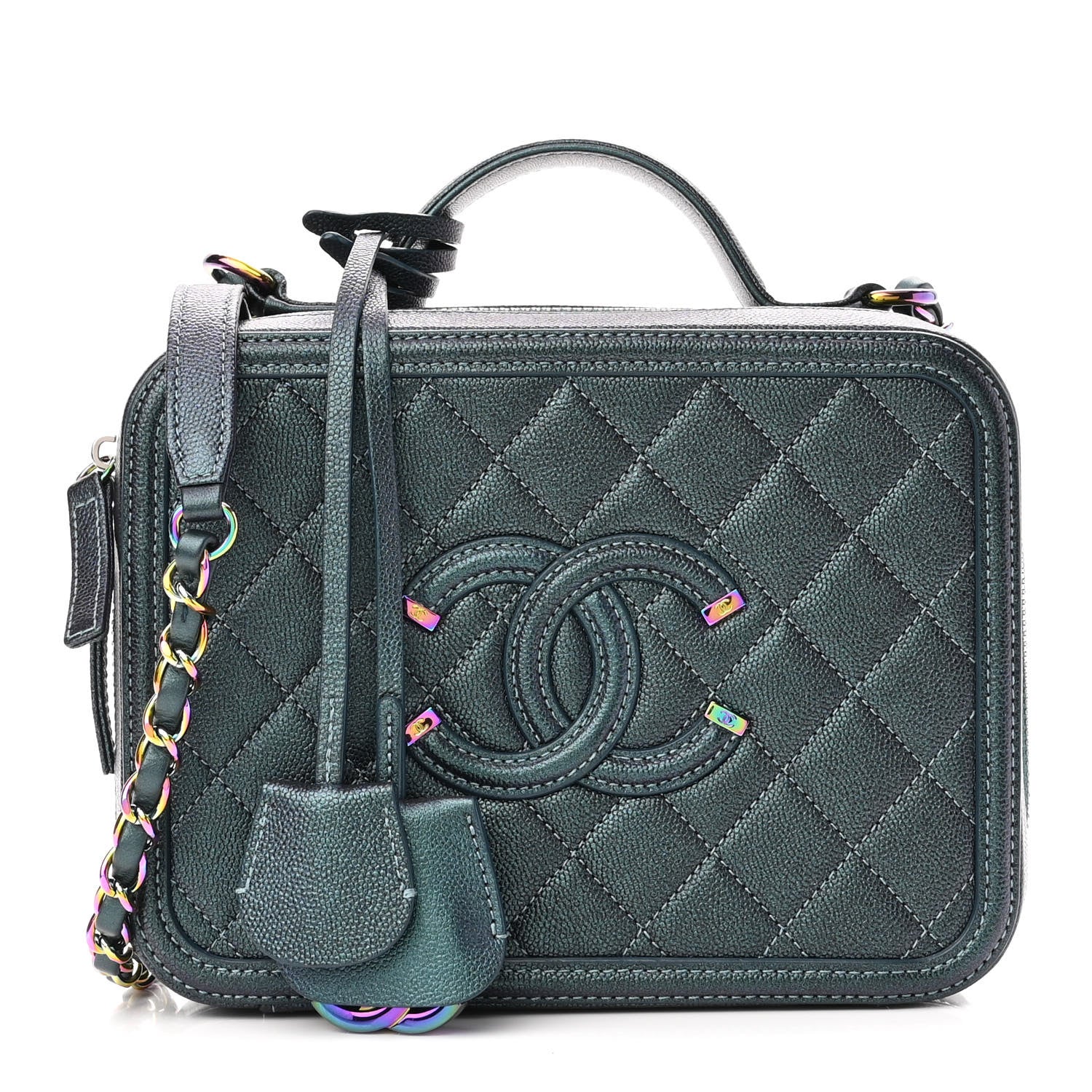 Chanel Iridescent Caviar Quilted Medium CC Filigree Vanity Case Dark Turquoise 1 of 10