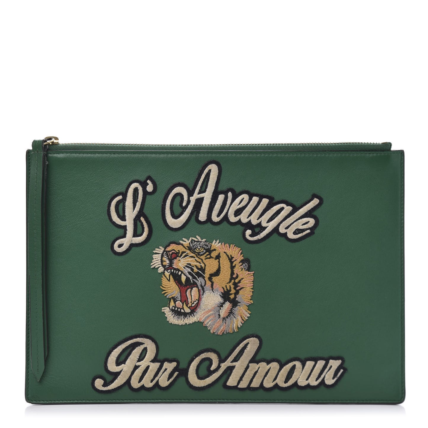 Calfskin Embroidered Large L'Aveugle Par Amour Zip Pouch Green