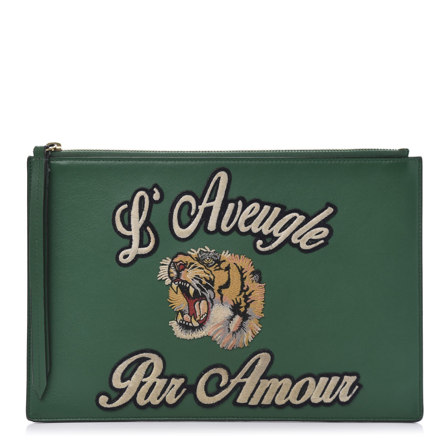 Gucci Calfskin Embroidered Large L'Aveugle Par Amour Zip Pouch Green 1 of 10