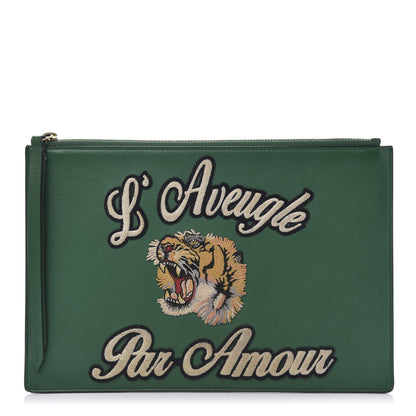Gucci Calfskin Embroidered Large L'Aveugle Par Amour Zip Pouch Green 1 of 10