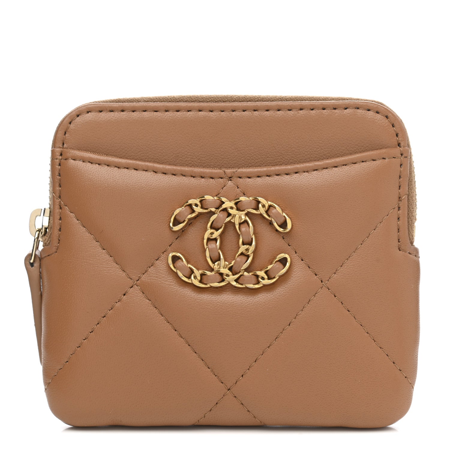 Chanel Lambskin Quilted Chanel 19 Zip Card Holder Wallet Brown 1 of 8