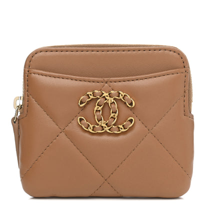 Chanel Lambskin Quilted Chanel 19 Zip Card Holder Wallet Brown 1 of 8