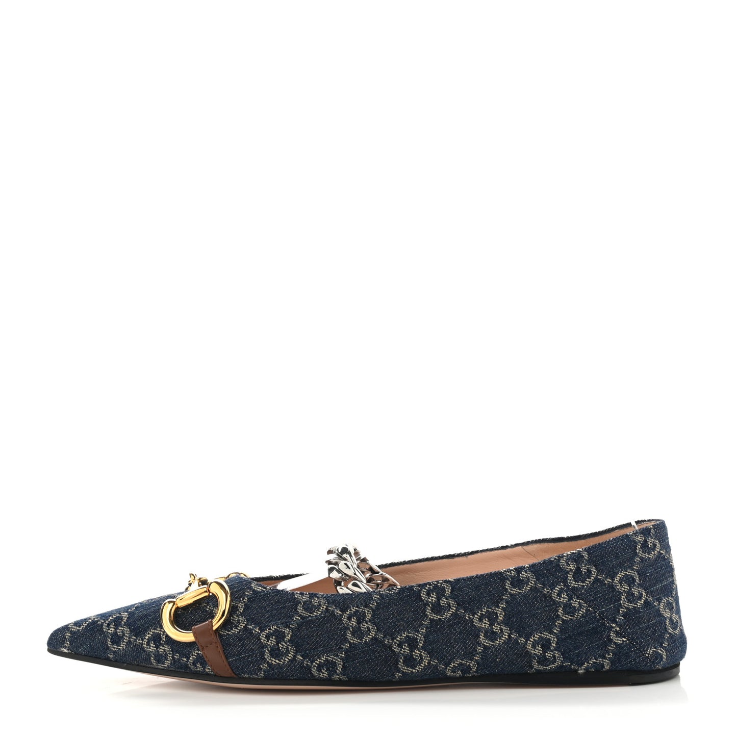 New Denim GG Monogram Nappa Deva Horsebit Chain Embellished Flats 39.5 Blue Tea Cuir Epilog