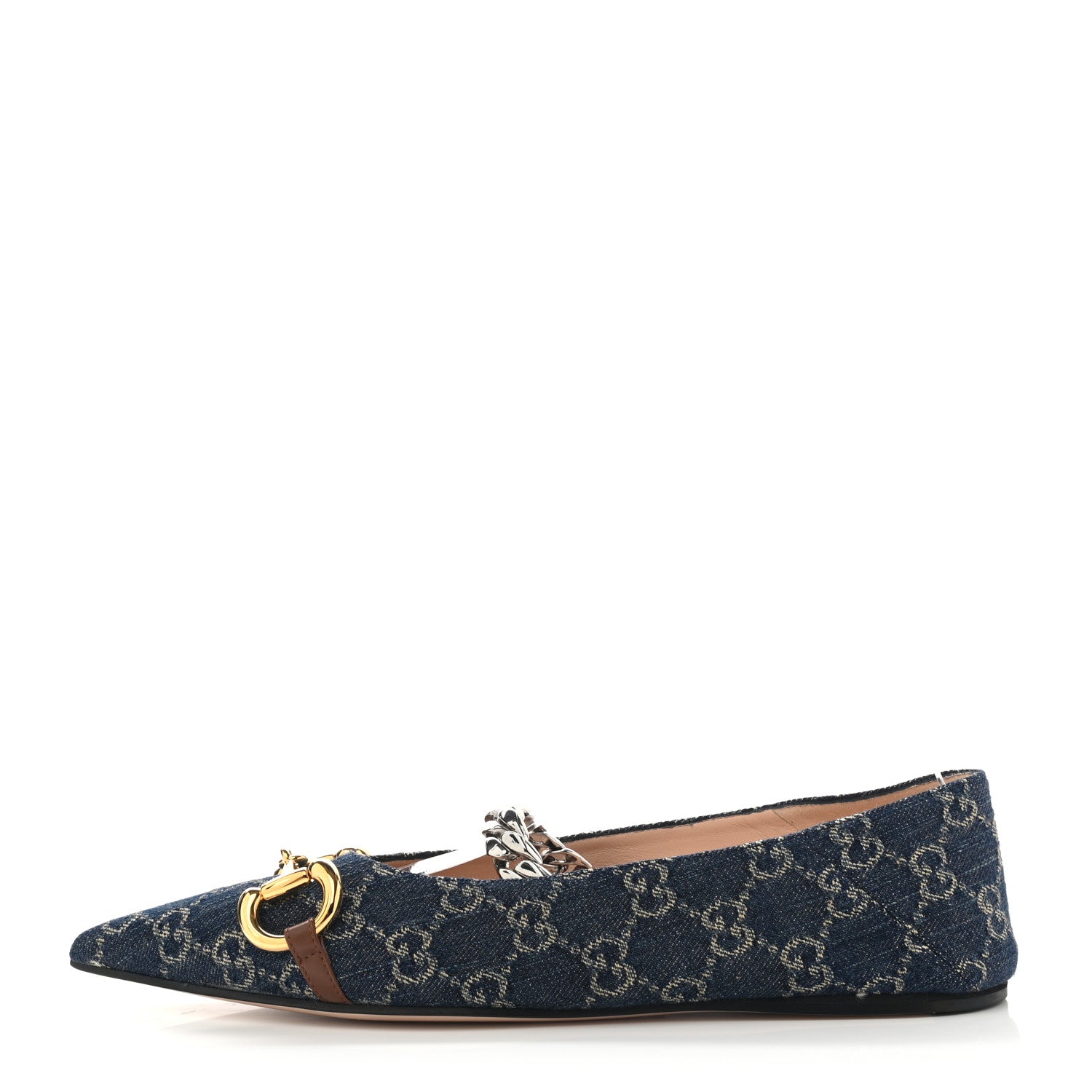 Gucci New Denim GG Monogram Nappa Deva Horsebit Chain Embellished Flats 39.5 Blue Tea Cuir Epilog 1 of 8