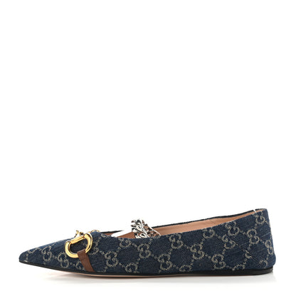 Gucci New Denim GG Monogram Nappa Deva Horsebit Chain Embellished Flats 39.5 Blue Tea Cuir Epilog 1 of 8
