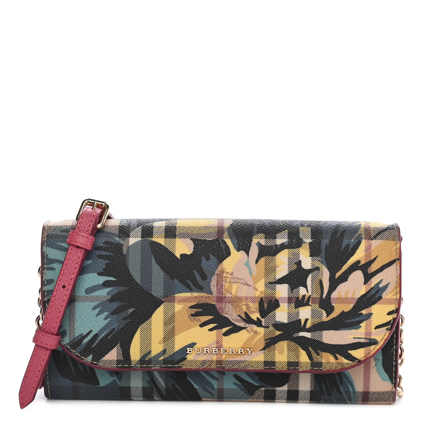 Haymarket Check Floral Print Henley Wallet On Chain Plum Pink Pewter Blue