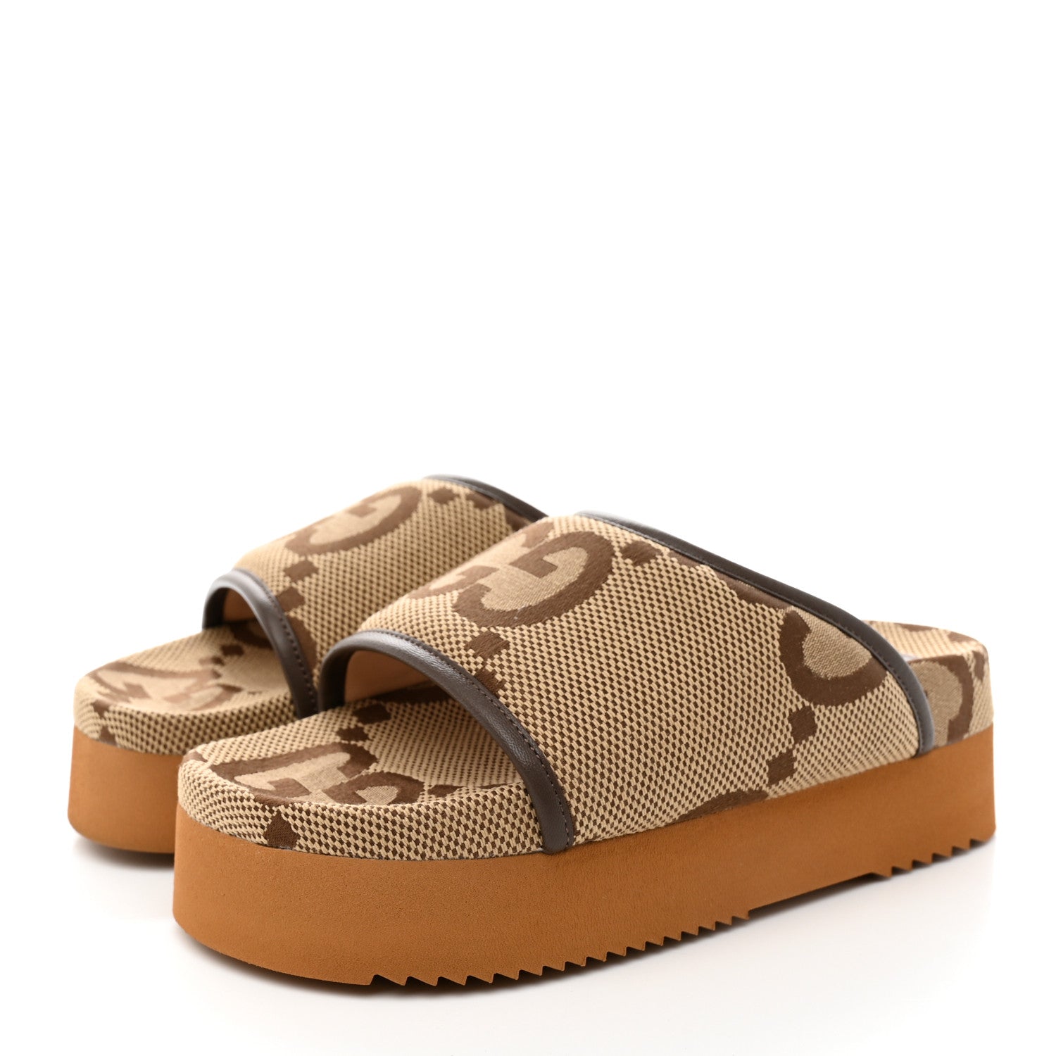 Gucci Monogram Jumbo GG Nappa Samoa Platform 40mm Slide Sandals 35 Camel Ebony New Acero 3 of 13