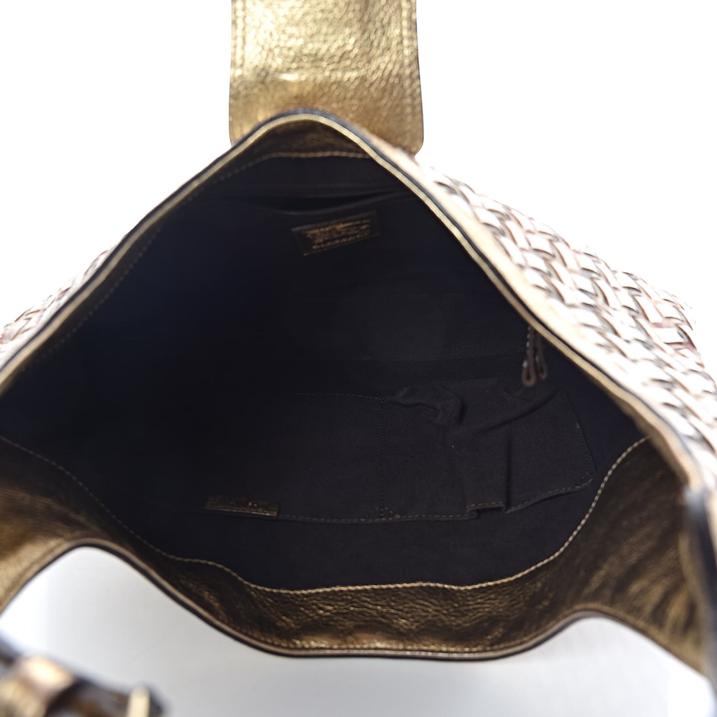 Metallic Calfskin House Check Woven Brook Hobo Gold