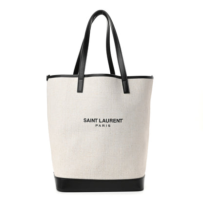 Saint Laurent Canvas Calfskin Teddy Drawstring Shopping Tote White Black 3 of 10